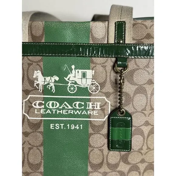 COACH Heritage Green Stripe Tote Purse Bag - Picture 3 of 6